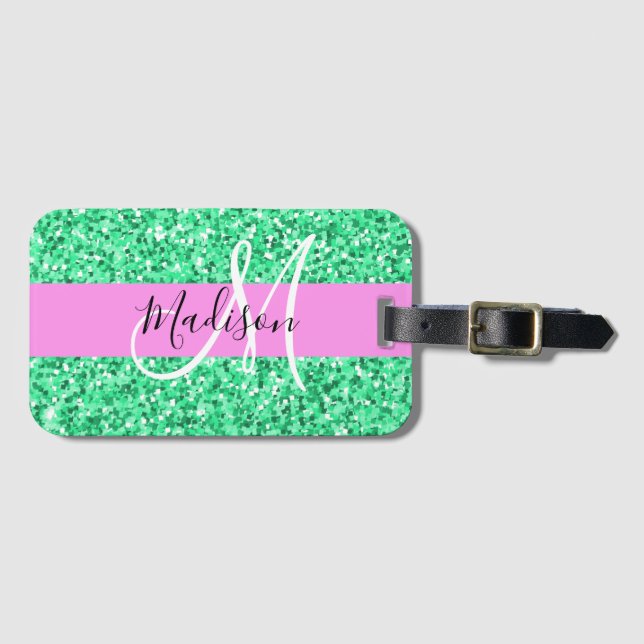 Glam Rosa och Grönt Glitter Sparkles Monogram Namn Bagagebricka (Framsida horisontal)