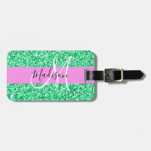 Glam Rosa och Grönt Glitter Sparkles Monogram Namn Bagagebricka