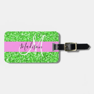 Glam Rosa och Grönt Glitter Sparkles Monogram Namn Bagagebricka