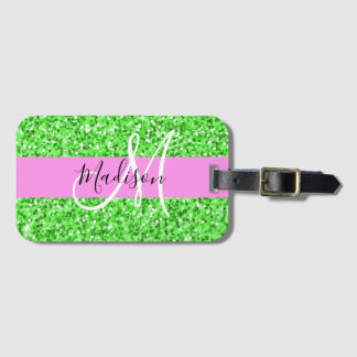Glam Rosa och Grönt Glitter Sparkles Monogram Namn Bagagebricka