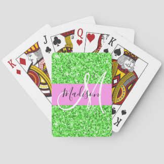 Glam Rosa och Grönt Glitter Sparkles Monogram Namn Casinokort