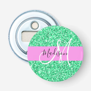 Glam Rosa och Grönt Glitter Sparkles Monogram Namn Flasköppnare