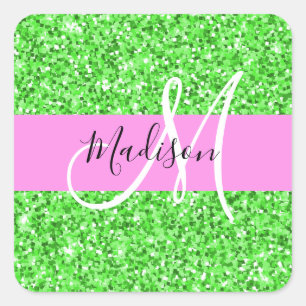 Glam Rosa och Grönt Glitter Sparkles Monogram Namn Fyrkantigt Klistermärke