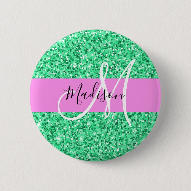 Glam Rosa och Grönt Glitter Sparkles Monogram Namn Knapp (Framsida)