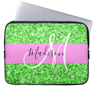 Glam Rosa och Grönt Glitter Sparkles Monogram Namn Laptop Fodral