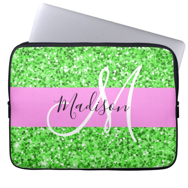 Glam Rosa och Grönt Glitter Sparkles Monogram Namn Laptop Fodral (Framsidan)