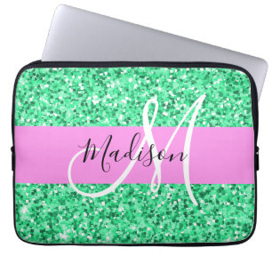 Glam Rosa och Grönt Glitter Sparkles Monogram Namn Laptop Fodral
