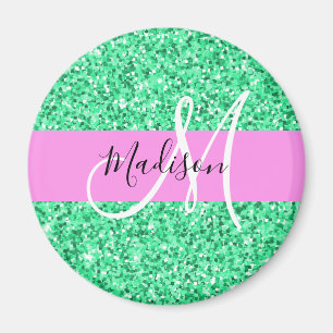 Glam Rosa och Grönt Glitter Sparkles Monogram Namn Magnet