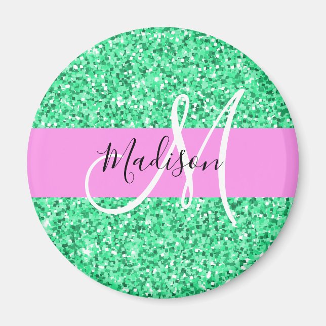 Glam Rosa och Grönt Glitter Sparkles Monogram Namn Magnet (Framsidan)