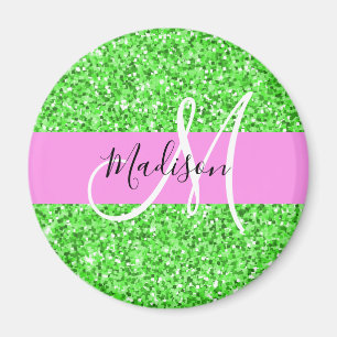 Glam Rosa och Grönt Glitter Sparkles Monogram Namn Magnet