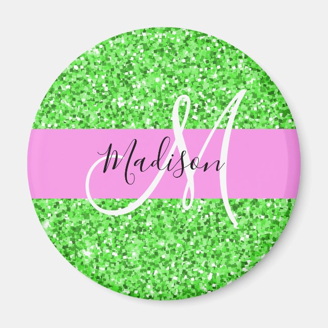 Glam Rosa och Grönt Glitter Sparkles Monogram Namn Magnet (Framsidan)