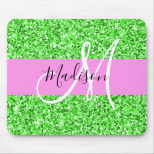 Glam Rosa och Grönt Glitter Sparkles Monogram Namn Musmatta