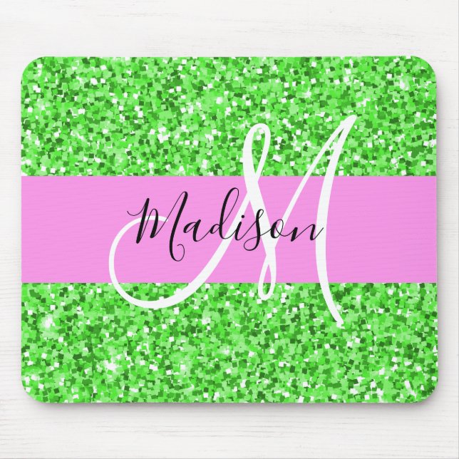 Glam Rosa och Grönt Glitter Sparkles Monogram Namn Musmatta (Framsidan)