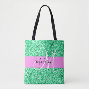 Glam Rosa och Grönt Glitter Sparkles Monogram Namn Tygkasse