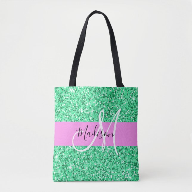 Glam Rosa och Grönt Glitter Sparkles Monogram Namn Tygkasse (Framsida)