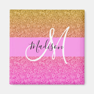 Glam Rosa och Guld Glitter Gnistra Gradition Monog Magnet