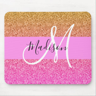 Glam Rosa och Guld Glitter Gnistra Gradition Monog Musmatta