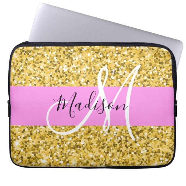 Glam Rosa och Guld Glitter Gnistrar Monogram Namn Laptop Fodral (Framsidan)