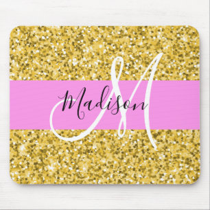 Glam Rosa och Guld Glitter Gnistrar Monogram Namn Musmatta