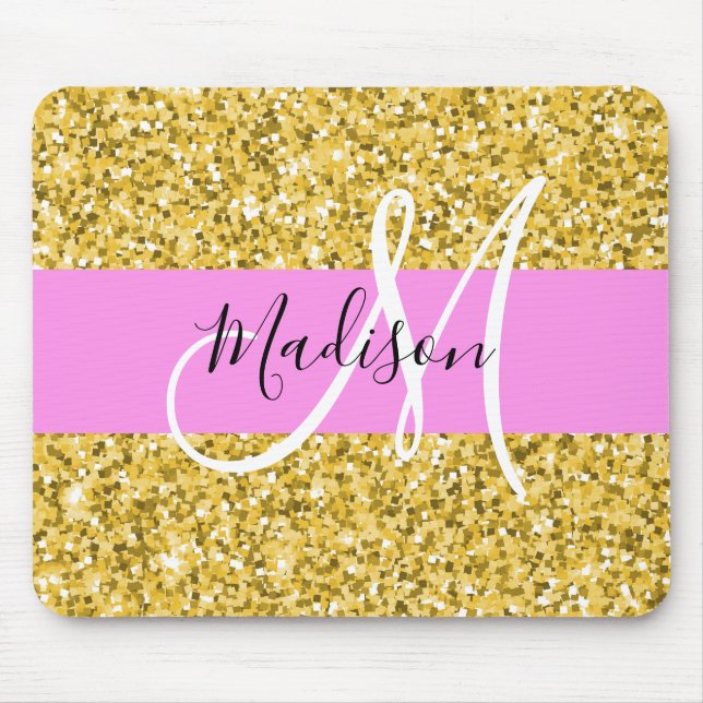 Glam Rosa och Guld Glitter Gnistrar Monogram Namn Musmatta (Framsidan)