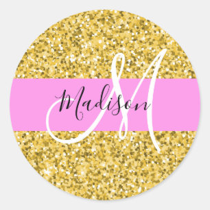 Glam Rosa och Guld Glitter Gnistrar Monogram Namn Runt Klistermärke