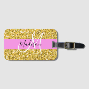 Glam Rosa och Guld Glitter Sparkles Monogram Namn Bagagebricka