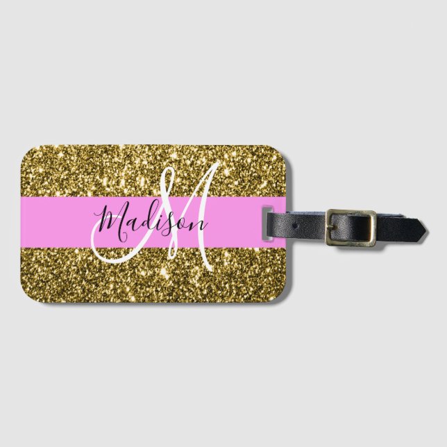 Glam Rosa och Guld Glitter Sparkles Monogram Namn Bagagebricka (Framsida horisontal)