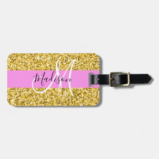 Glam Rosa och Guld Glitter Sparkles Monogram Namn Bagagebricka (Horisontell Framsida)