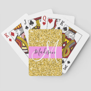 Glam Rosa och Guld Glitter Sparkles Monogram Namn Casinokort