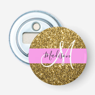 Glam Rosa och Guld Glitter Sparkles Monogram Namn Flasköppnare