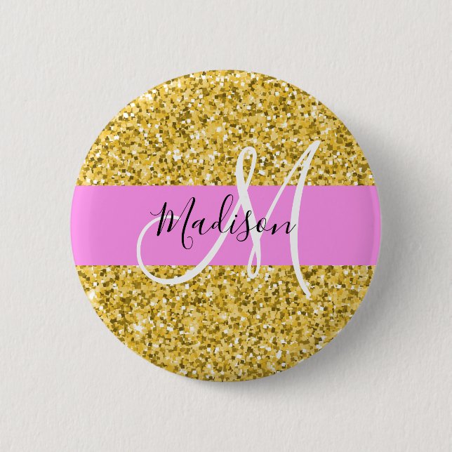 Glam Rosa och Guld Glitter Sparkles Monogram Namn Knapp (Framsida)