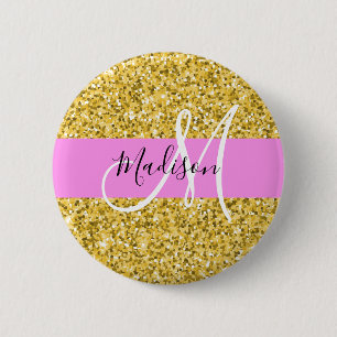 Glam Rosa och Guld Glitter Sparkles Monogram Namn Knapp