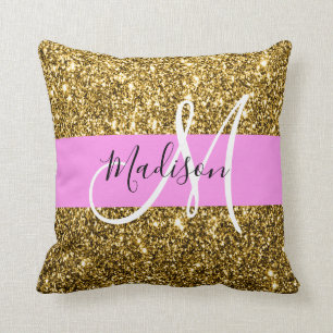 Glam Rosa och Guld Glitter Sparkles Monogram Namn Kudde