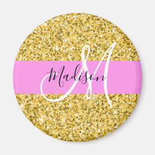 Glam Rosa och Guld Glitter Sparkles Monogram Namn Magnet