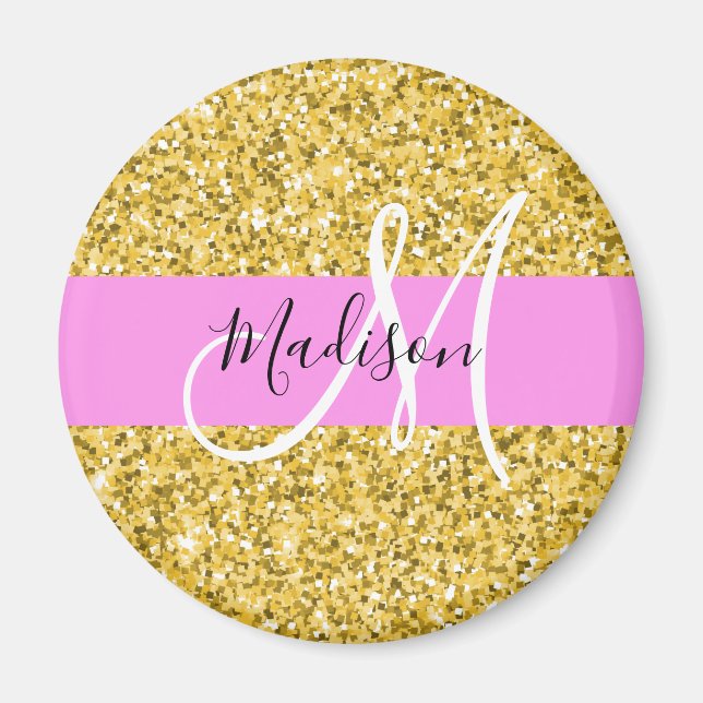Glam Rosa och Guld Glitter Sparkles Monogram Namn Magnet (Framsidan)