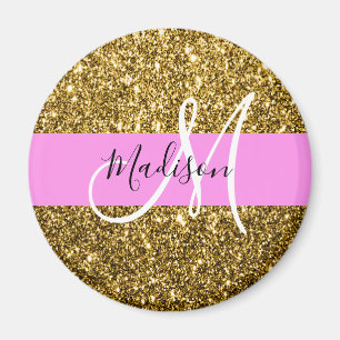 Glam Rosa och Guld Glitter Sparkles Monogram Namn Magnet