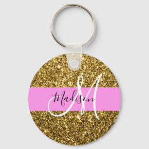 Glam Rosa och Guld Glitter Sparkles Monogram Namn Nyckelring