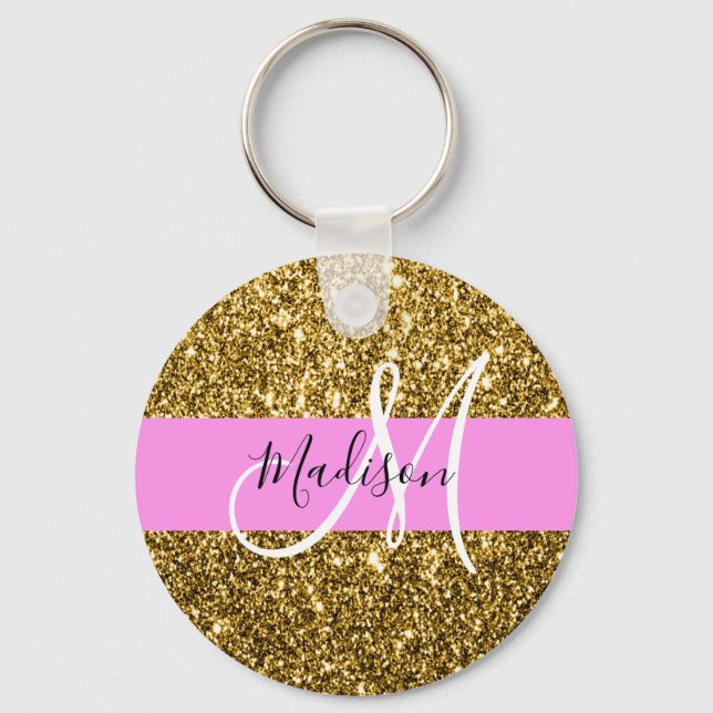 Glam Rosa och Guld Glitter Sparkles Monogram Namn Nyckelring (Framsida)