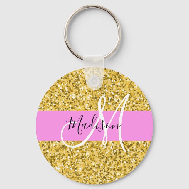 Glam Rosa och Guld Glitter Sparkles Monogram Namn Nyckelring (Framsida)