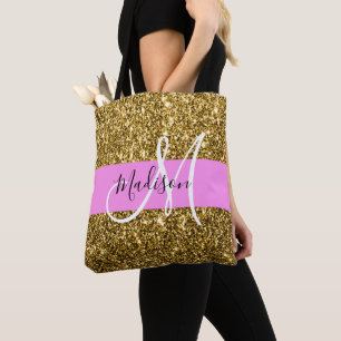 Glam Rosa och Guld Glitter Sparkles Monogram Namn Tygkasse