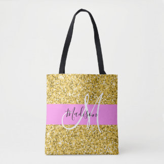Glam Rosa och Guld Glitter Sparkles Monogram Namn Tygkasse