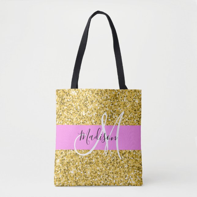 Glam Rosa och Guld Glitter Sparkles Monogram Namn Tygkasse (Framsida)