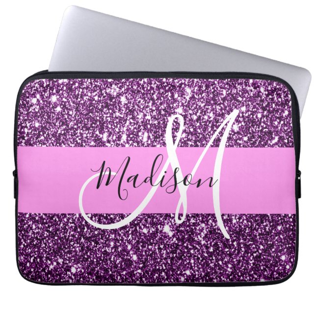Glam rosa och lila glitter gnistrar monogramnamn laptop fodral (Framsidan)