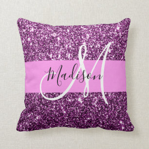 Glam rosa och lila glittergnistrar monogramnamn kudde