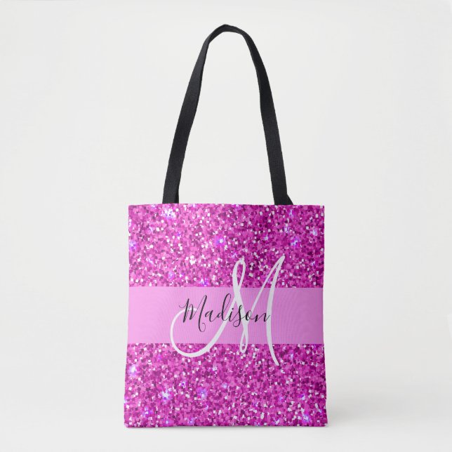 Glam rosa och magenta glitter glitter monogramnamn tygkasse (Framsida)