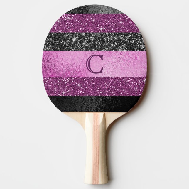 Glam Rosa och svarta glitterrandig monogramdesign Pingisracket (Baksidan)