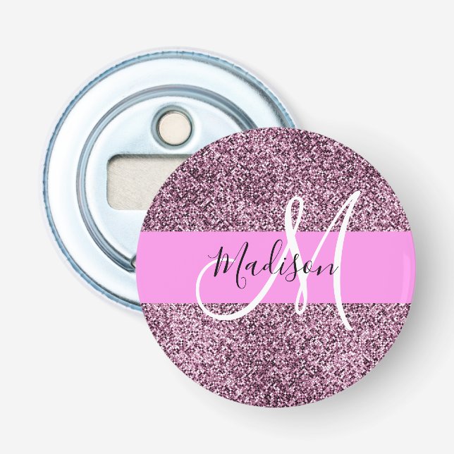 Glam rosa och violett glitter Glitter Monogramnamn Flasköppnare (Framsidan)