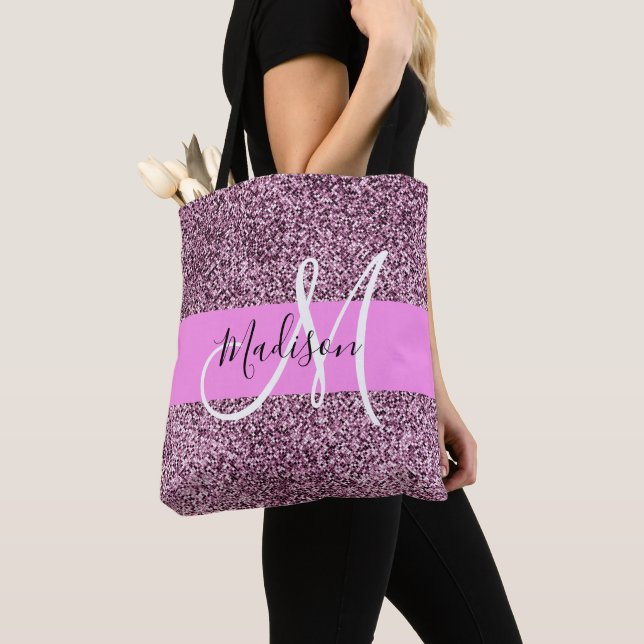 Glam rosa och violett glitter Glitter Monogramnamn Tygkasse (Närbild)