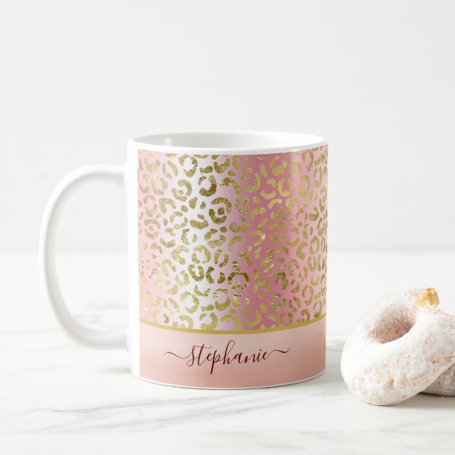 Glam Rosa Ombre Guld Leopard Mönster Personlig Kaffemugg (Med munk)