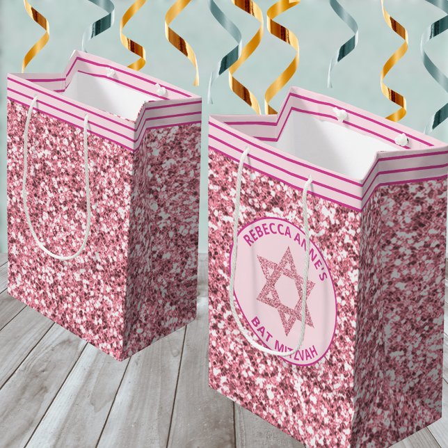 Glam Rosa Party favors eller Presenter Bat mitzvah (The pink faux glitter gift bags are great for both Bat Mitzvah party favors and gift presentation)